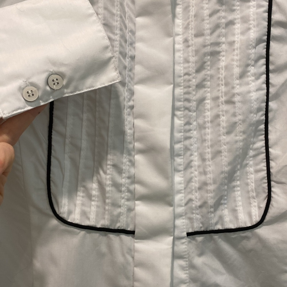 White Long Sleeve Blouse with Black Trim Size Small, Classic Chic Style - Picture 7 of 14